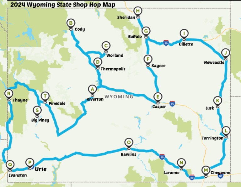 2024 Map for the Wyoming State Shop Hop Sponsored by Wyoming's